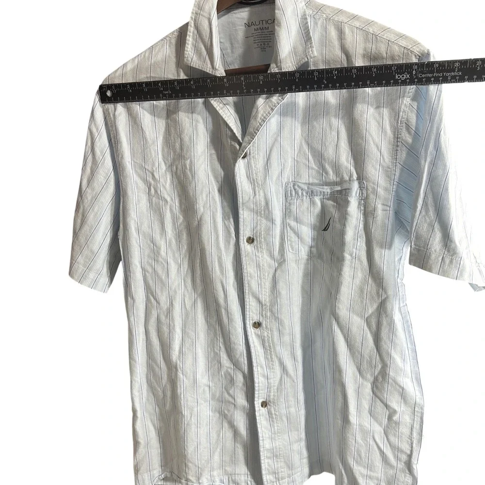 Nautica Mens Striped Short Sleeve Button Up Shirt M/M/M Light Blue Casual‎ Beach
